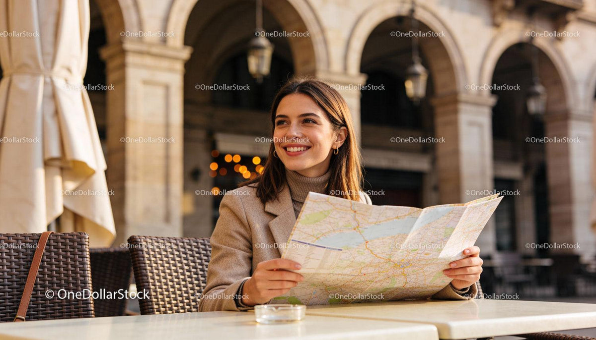 Smiling woman exploring city streets with map