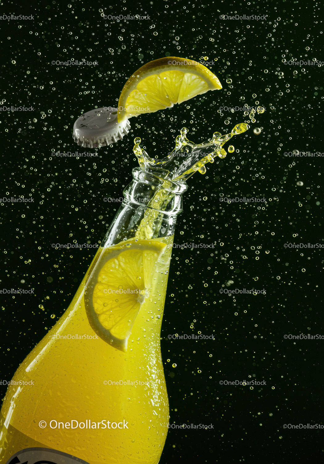 Lemon soda bottle opening with splash and bubbles