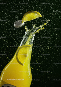 Lemon soda bottle opening with splash and bubbles