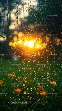 Sunset Through Rain Drops Over Blooming Orange Flowers