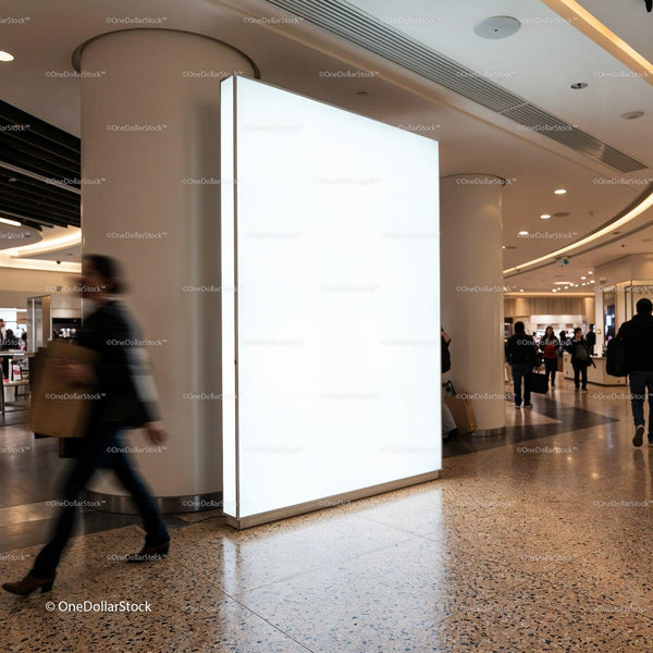 Empty illuminated billboard in busy modern shopping mall JPG Mockup Image