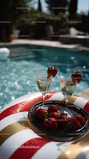 Strawberries and Champagne Glasses by Poolside on Sunny Summer Day