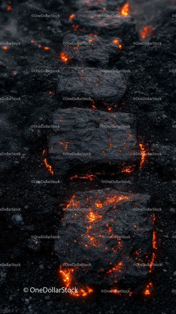Glowing Lava Rocks in Dark Volcanic Terrain Scene