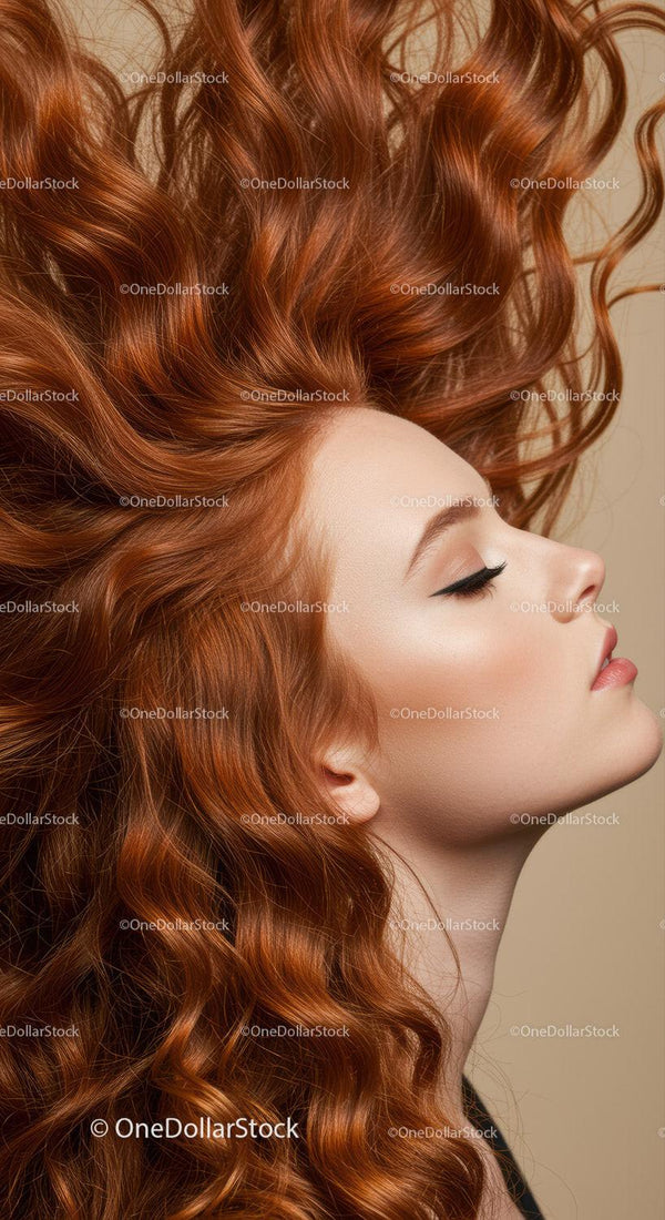 Profile of woman with flowing vibrant red hair