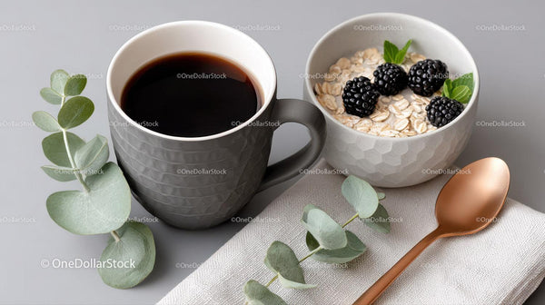 Coffee Cup and Oatmeal with Blackberries in Modern Breakfast Setting