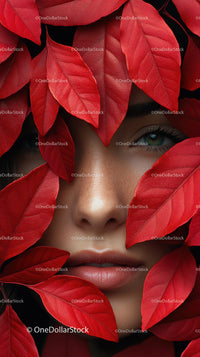 Striking Woman with Blue Eyes Surrounded by Red Leaves in Artistic Portrait