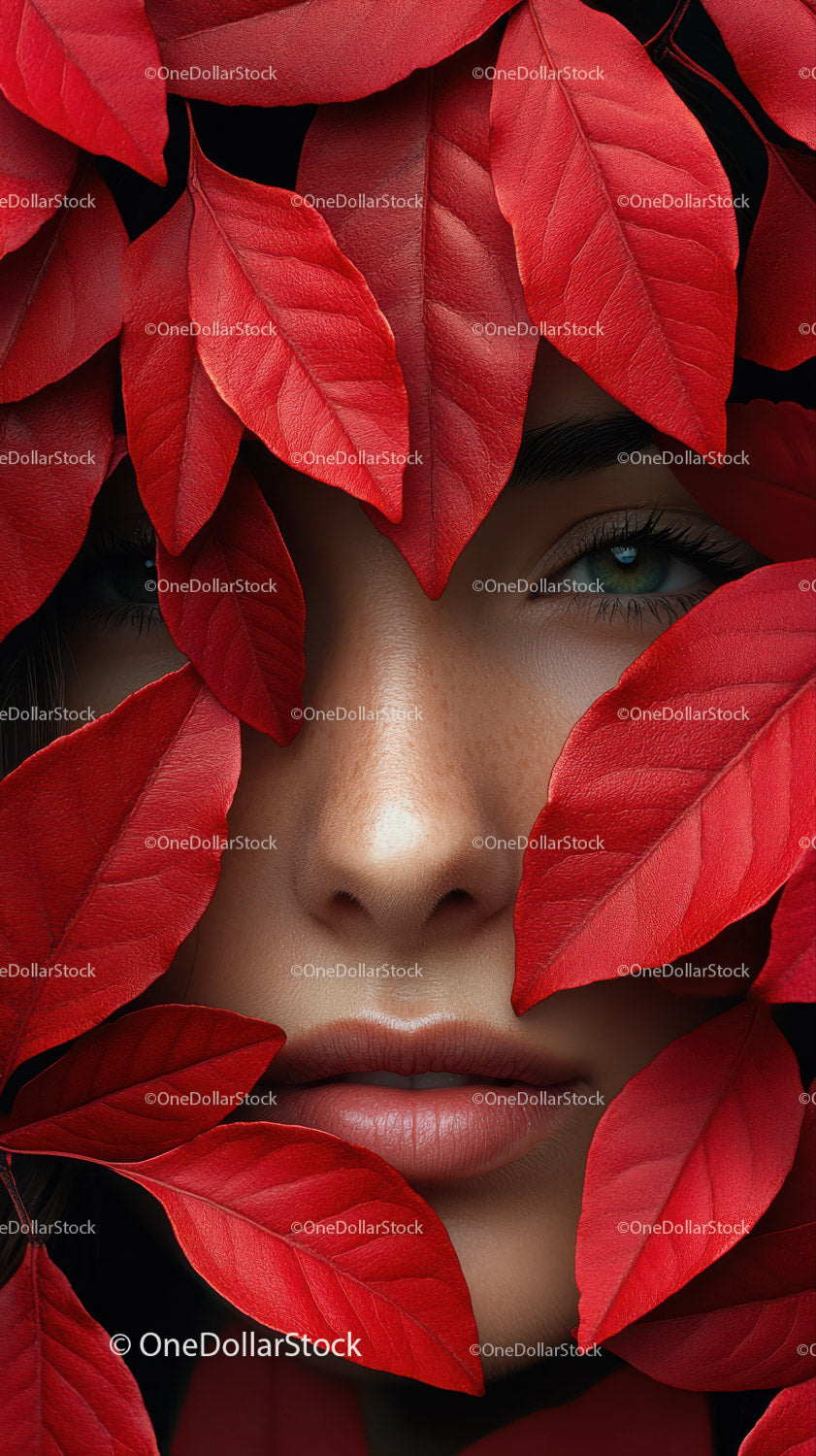 Striking Woman with Blue Eyes Surrounded by Red Leaves in Artistic Portrait