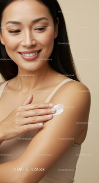 Smiling woman applying moisturizer to shoulder in a beauty routine