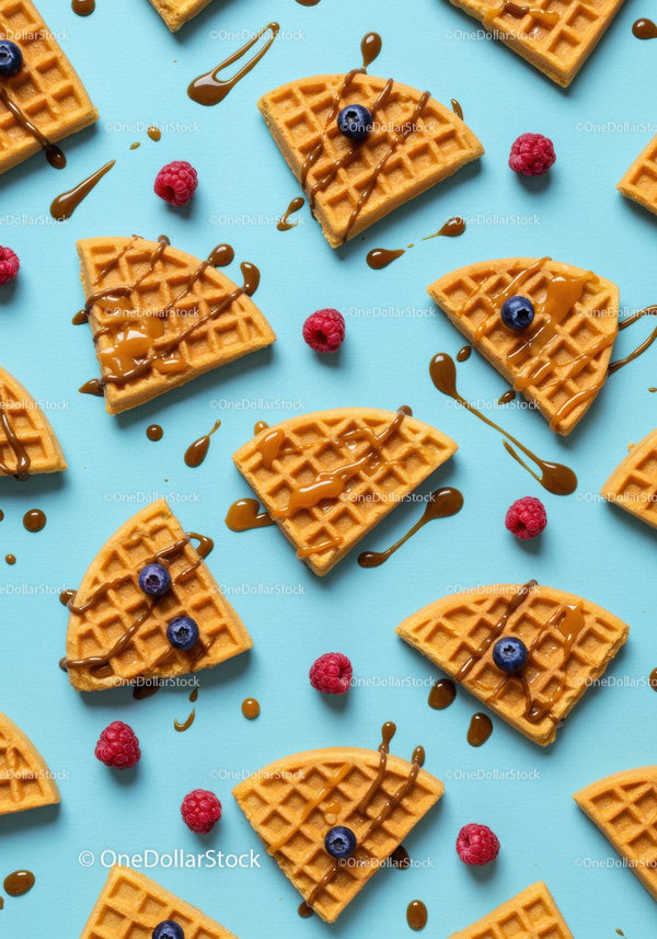 Waffle quarters with berries and caramel drizzle