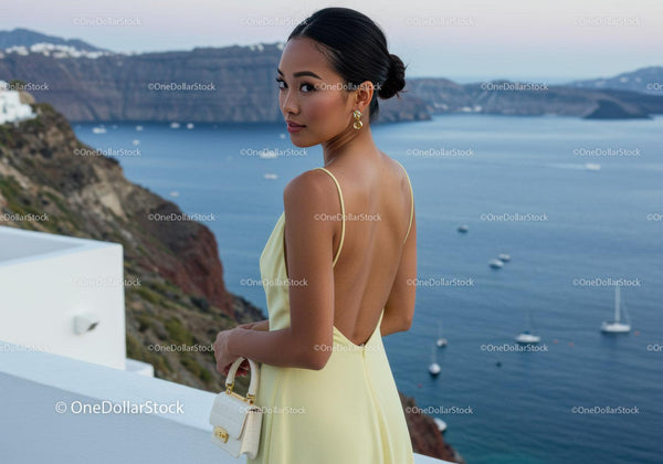 Elegant woman in yellow dress overlooking sea view