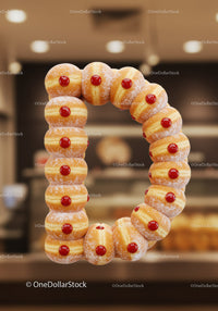 Circular arrangement of jelly-filled doughnuts on blurred background