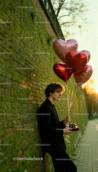 Young man with heart balloons and chocolates outdoors