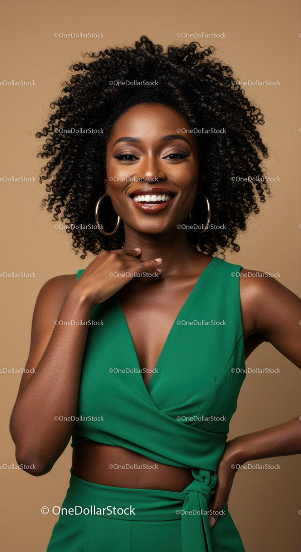 Vibrant Woman with Curly Hair Wearing Green Dress Expressing Joy