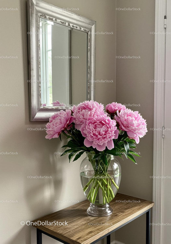 Różowe Peonie w Szklanym Wazonie na Drewnianej Konsoli w Nowoczesnym Domu