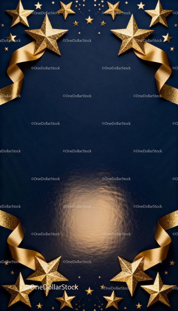 Elegant Gold Stars and Ribbon Frame on Dark Blue Background