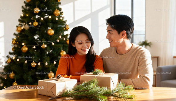 Couple Enjoying Holiday Gift Wrapping by Christmas Tree