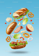 Floating Hot Dog Ingredients with Fresh Vegetables and Sauce