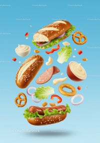 Floating Hot Dog Ingredients with Fresh Vegetables and Sauce