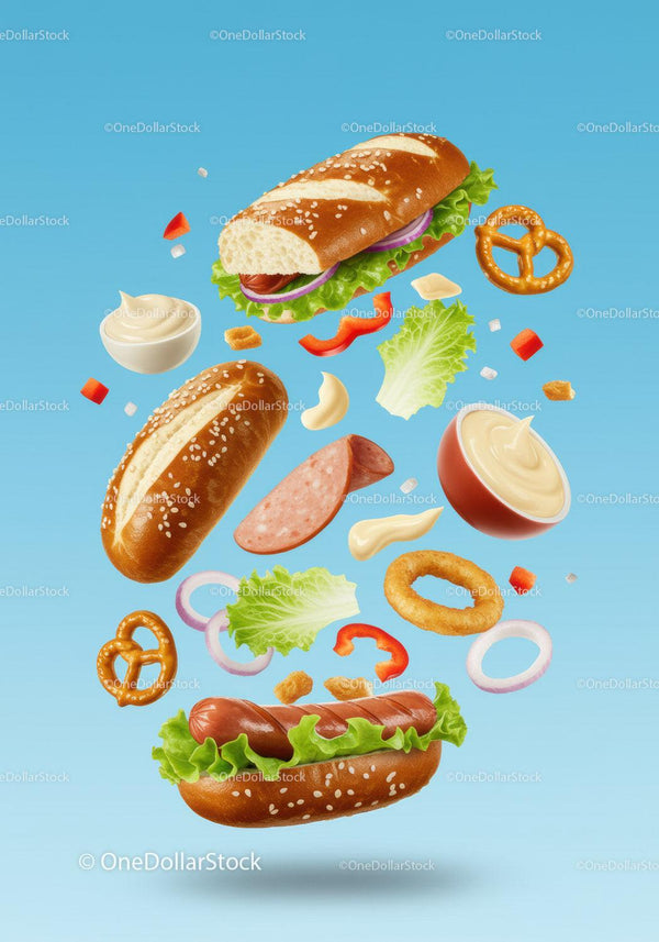 Floating Hot Dog Ingredients with Fresh Vegetables and Sauce