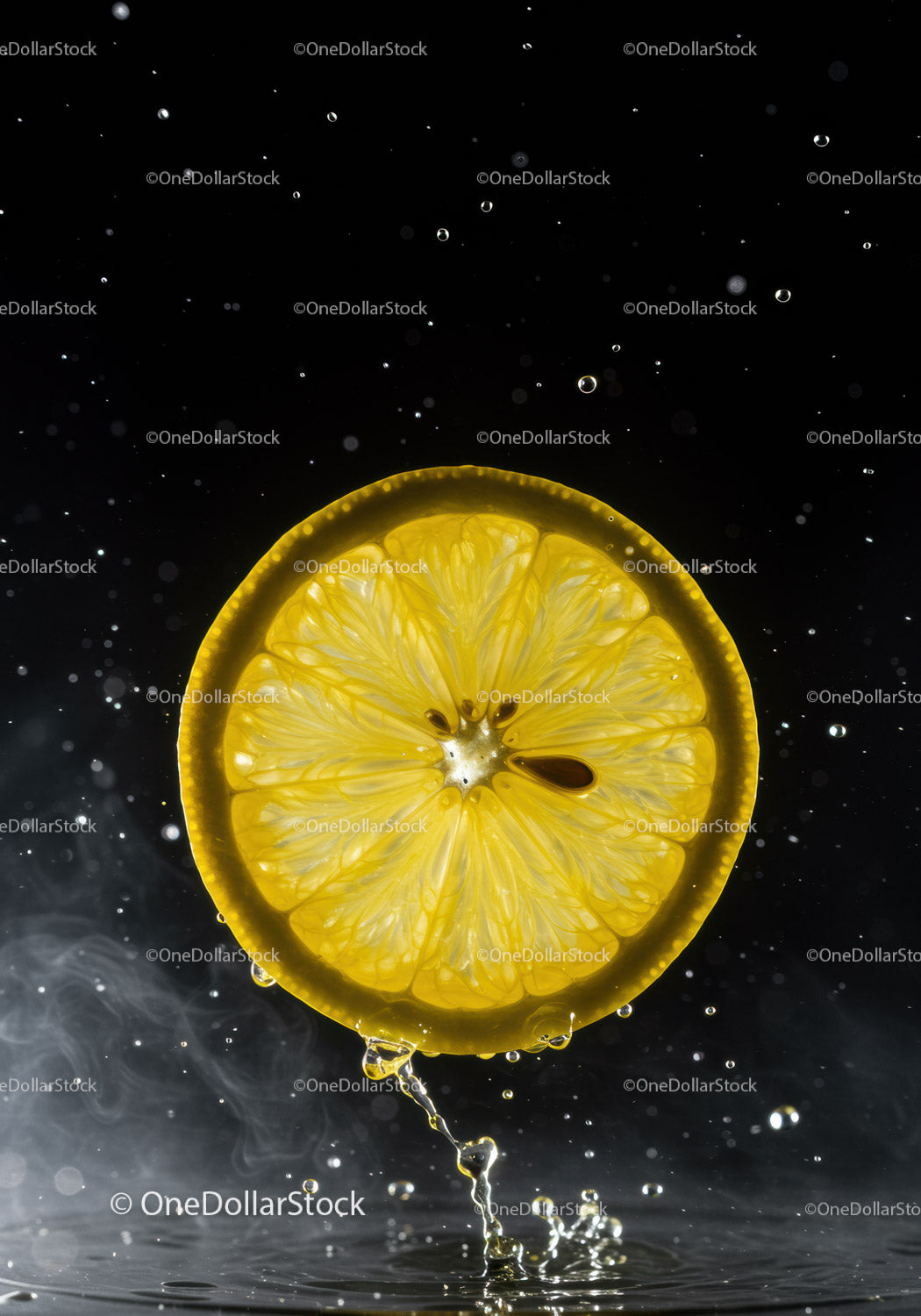 Fresh lemon slice splashing into water with droplets