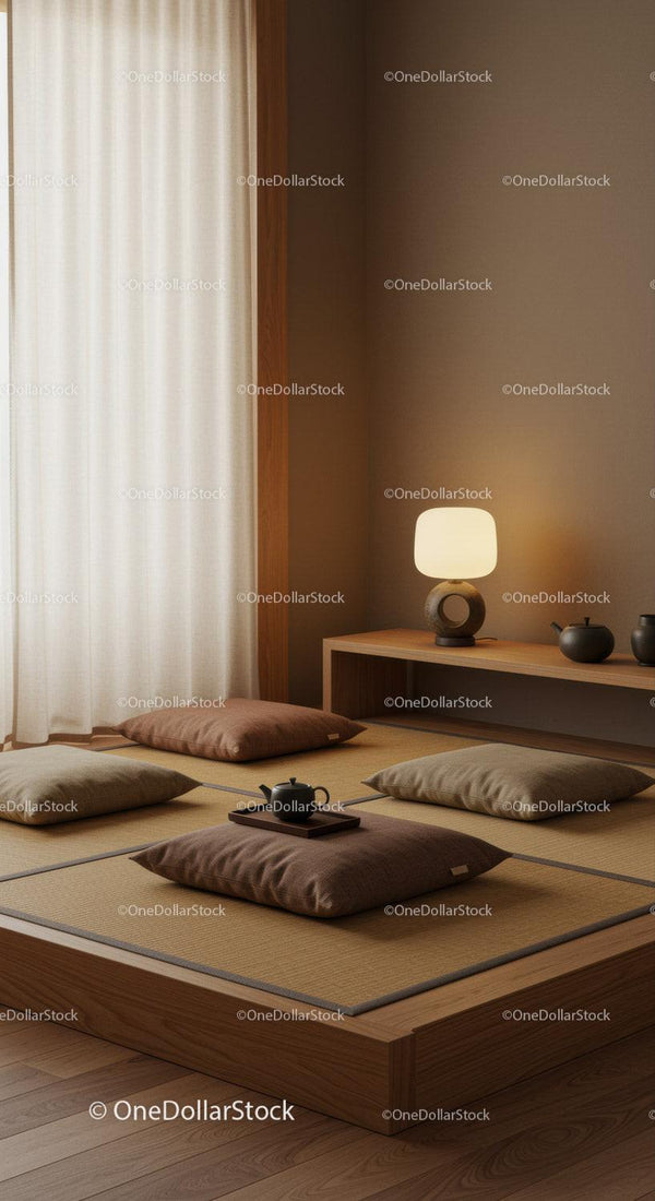 Minimalist Japanese Style Tea Room with Soft Lighting