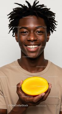 Smiling Young Man Holding Mango Against a White Background