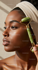 Elegant Woman Using Jade Roller for Facial Skincare and Relaxation