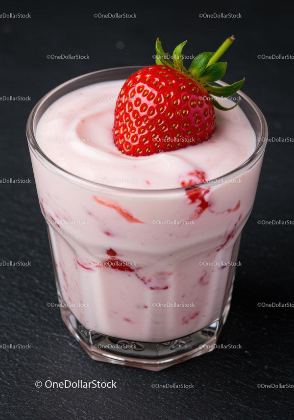 Świeży jogurt truskawkowy w przezroczystej szklance