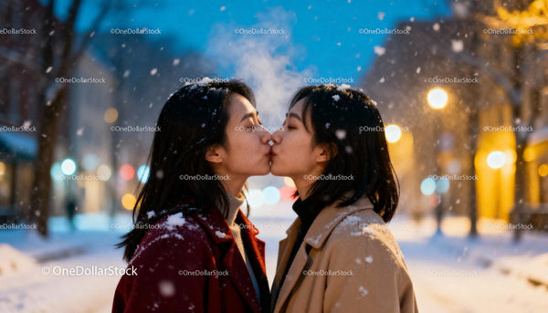 Couple sharing a tender kiss during snowy evening walk