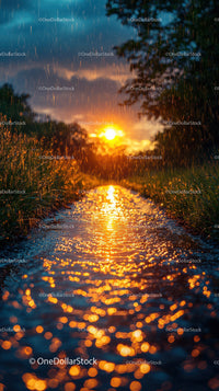 Golden Sunset Over Rainy Waterway With Raindrops and Reflection