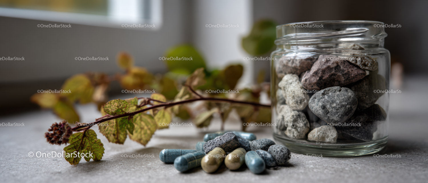 Colorful Assorted Rocks in Glass Jar with Mineral Collection