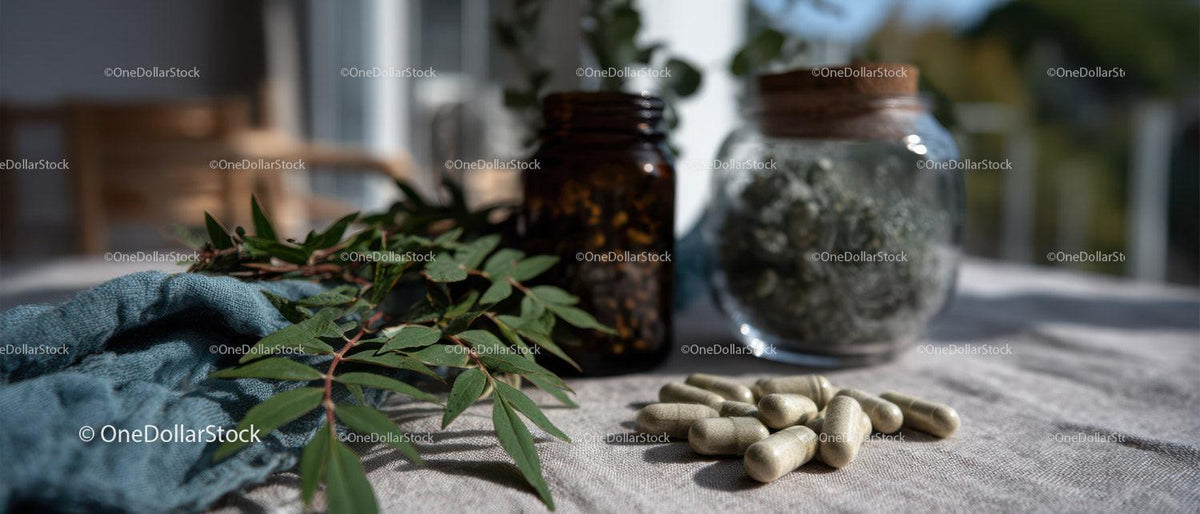 Herbal Leaves and Medicine Capsules with Glass Jars in Natural Lighting