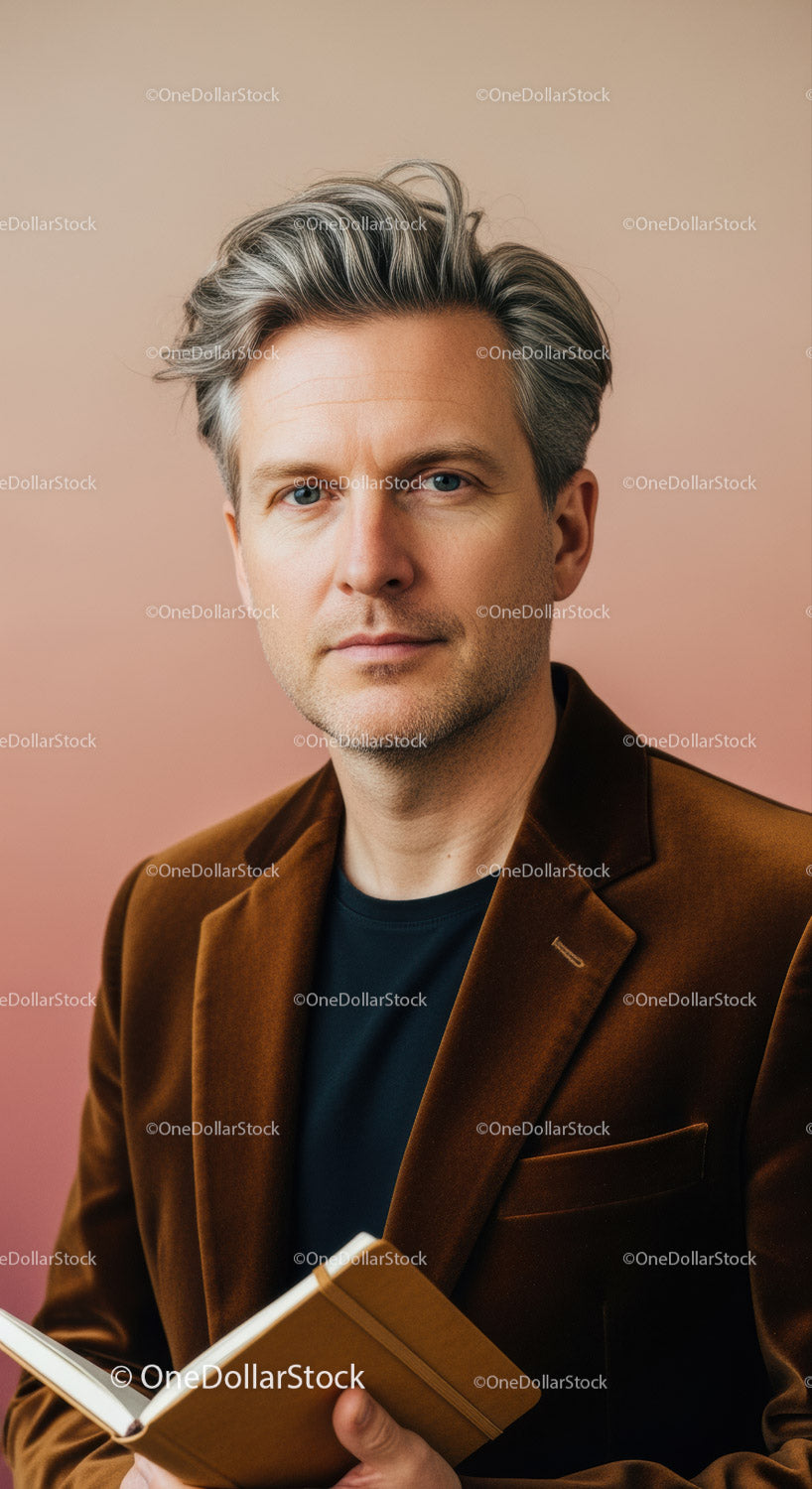 Professional Male Portrait with Gray Hair in Elegant Brown Blazer