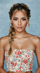 Beautiful Young Woman with Braided Hair and Floral Top in Studio