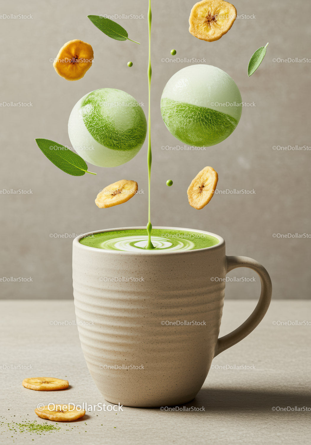 Matcha Latte with Floating Ice Cream and Banana Chips