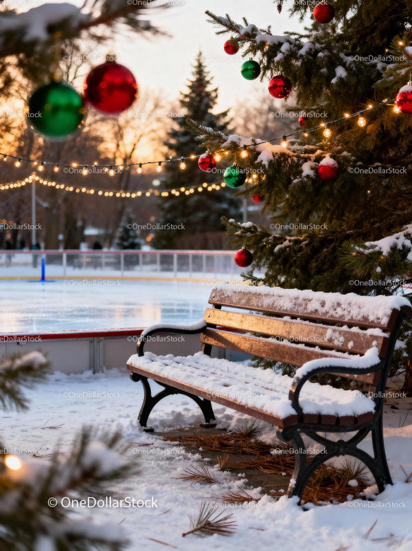 Snow-Covered Bench by Festive Outdoor Ice Rink