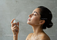 Woman with Flawless Skin Applying Facial Mist for Refreshing Hydration