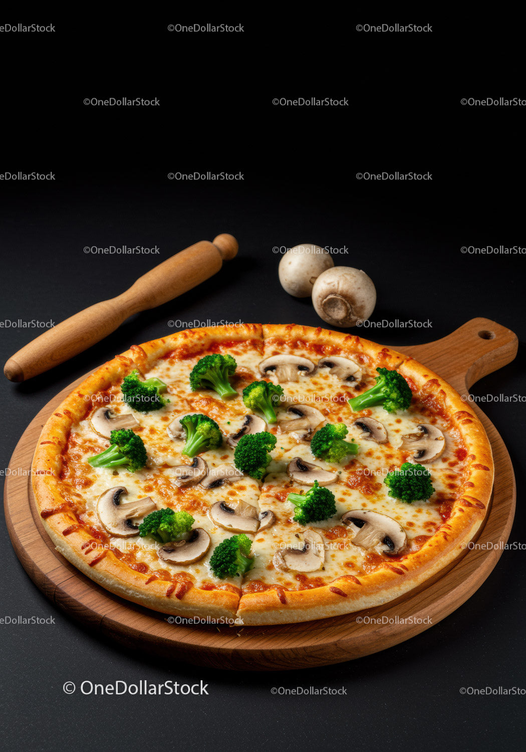 Pizza z serem, pieczarkami i brokułami na drewnianej desce