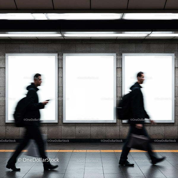 Blurred commuters walking past empty urban billboards JPG Mockup Image