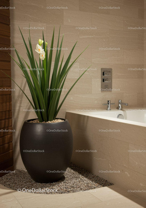 Elegancka Roślina Doniczkowa w Dużej Czarnej Ceramicznej Donicy w Nowoczesnej Łazience