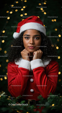 Young woman in Santa costume with warm holiday glow