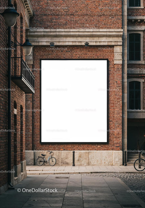 Urban scene with bicycle and blank billboard on brick wall JPG Mockup Image