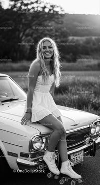 Smiling woman in white dress with roller skates on vintage car