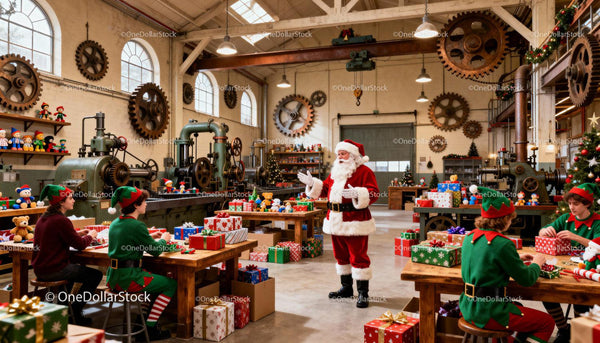 Santa Claus with elves wrapping Christmas presents in workshop