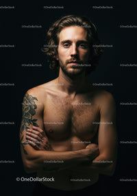Thoughtful shirtless man with tattoo on black background