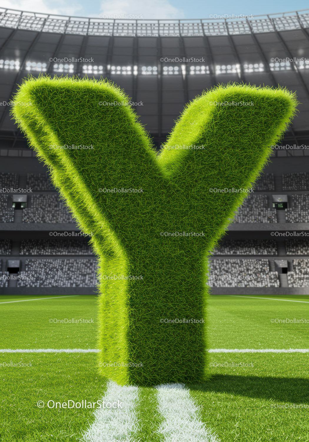 Zielona trawa z literą Y na boisku piłkarskim na stadionie