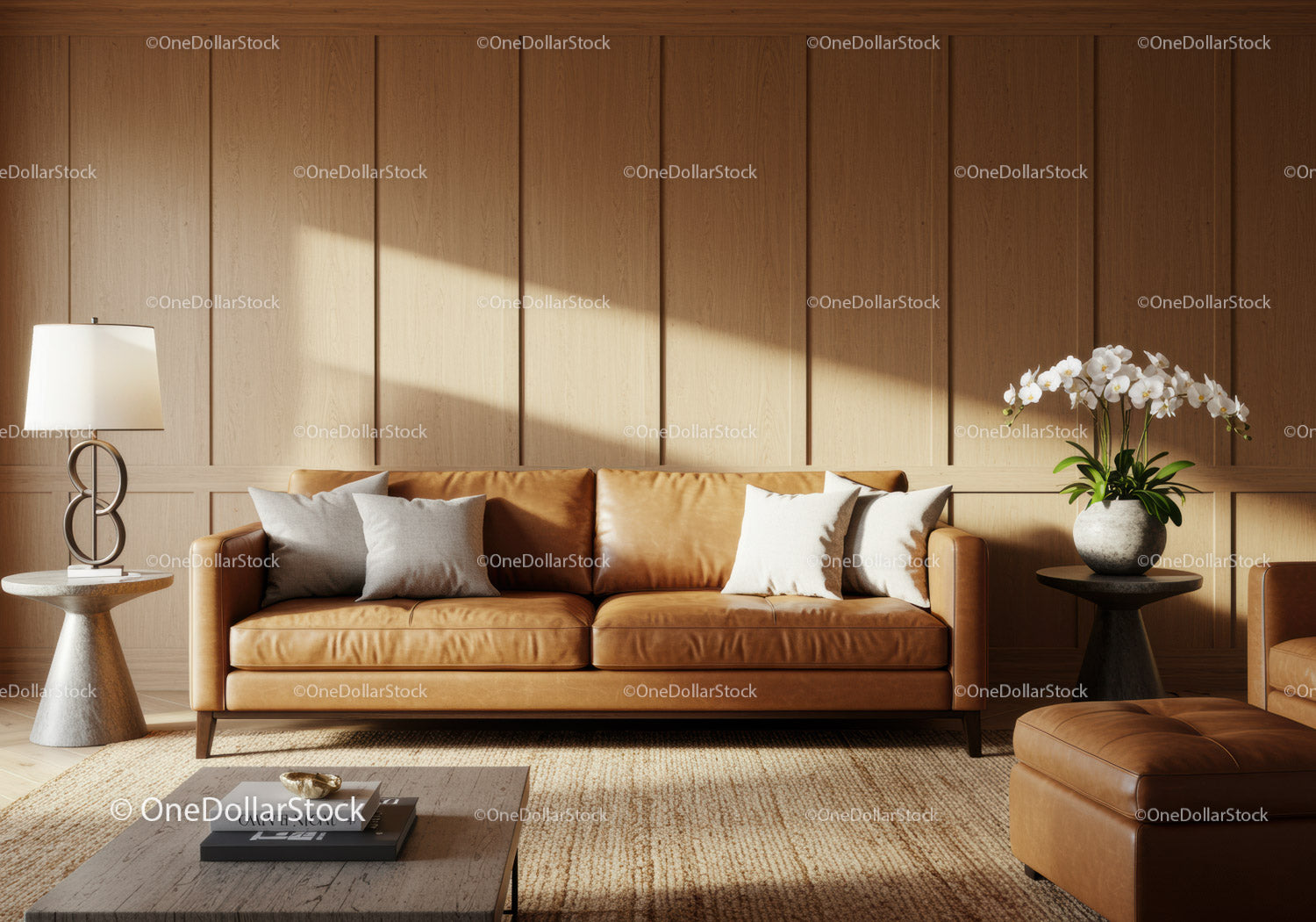 Nowoczesna skórzana sofa z wygodnymi poduszkami w stylowym salonie