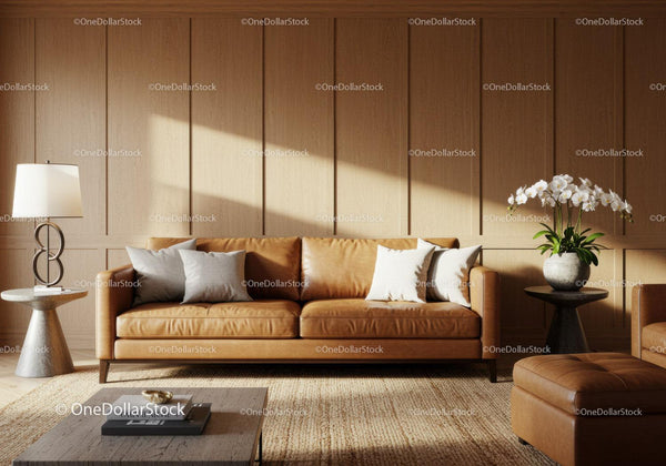 Modern leather sofa with cozy cushions in stylish living room