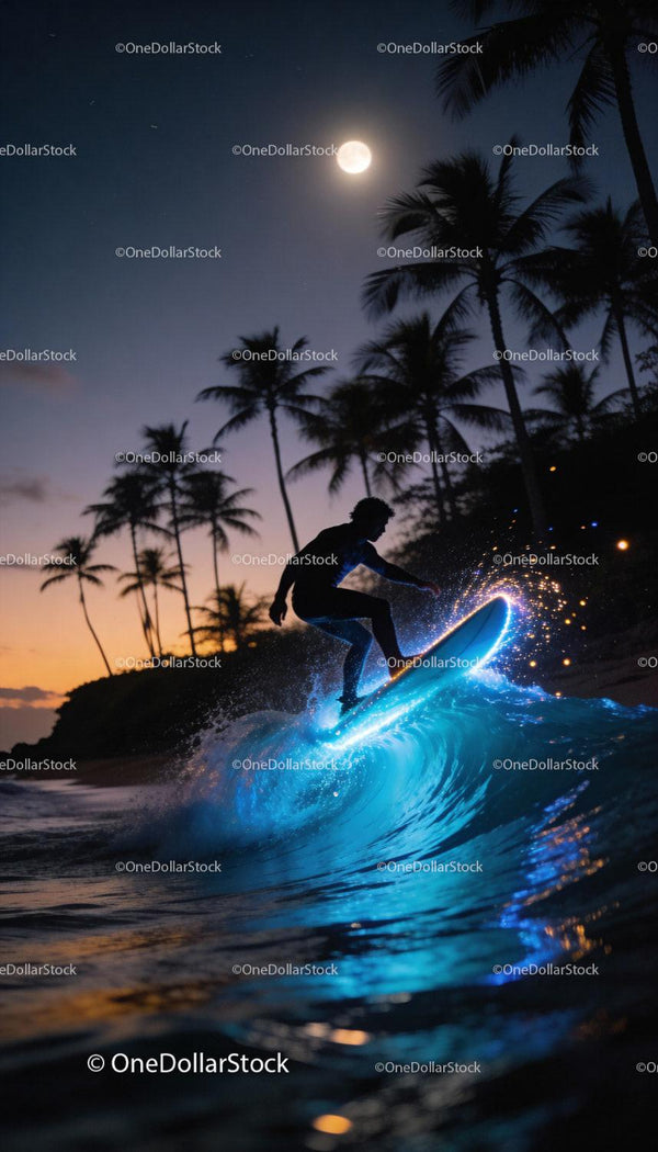Surfer riding glowing wave at tropical moonlit beach