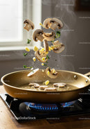 Sautéing fresh mushrooms with garlic and herbs on stove